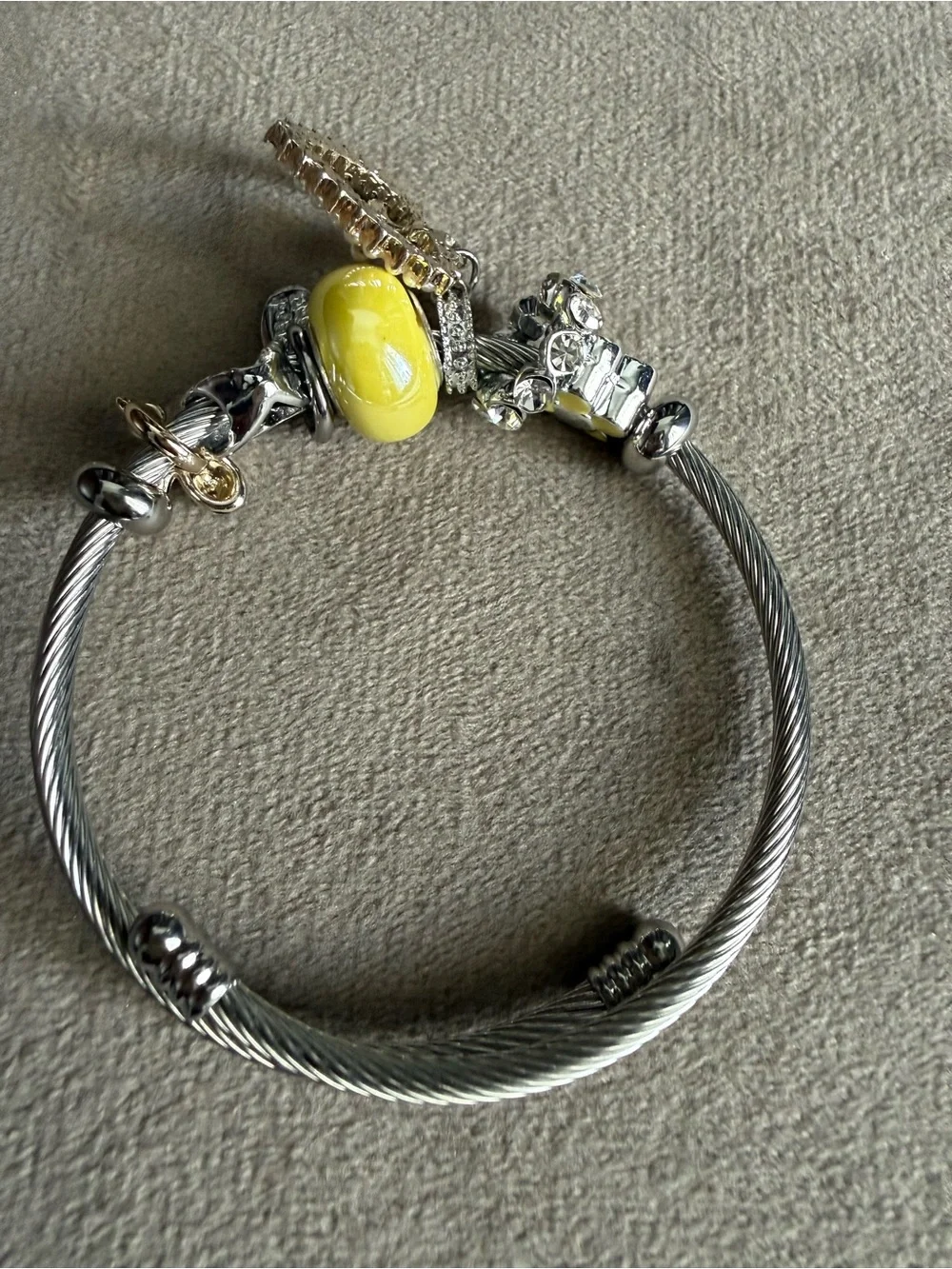 Silver-Tone Bracelet with Yellow Glass & Pearl Heart Charm